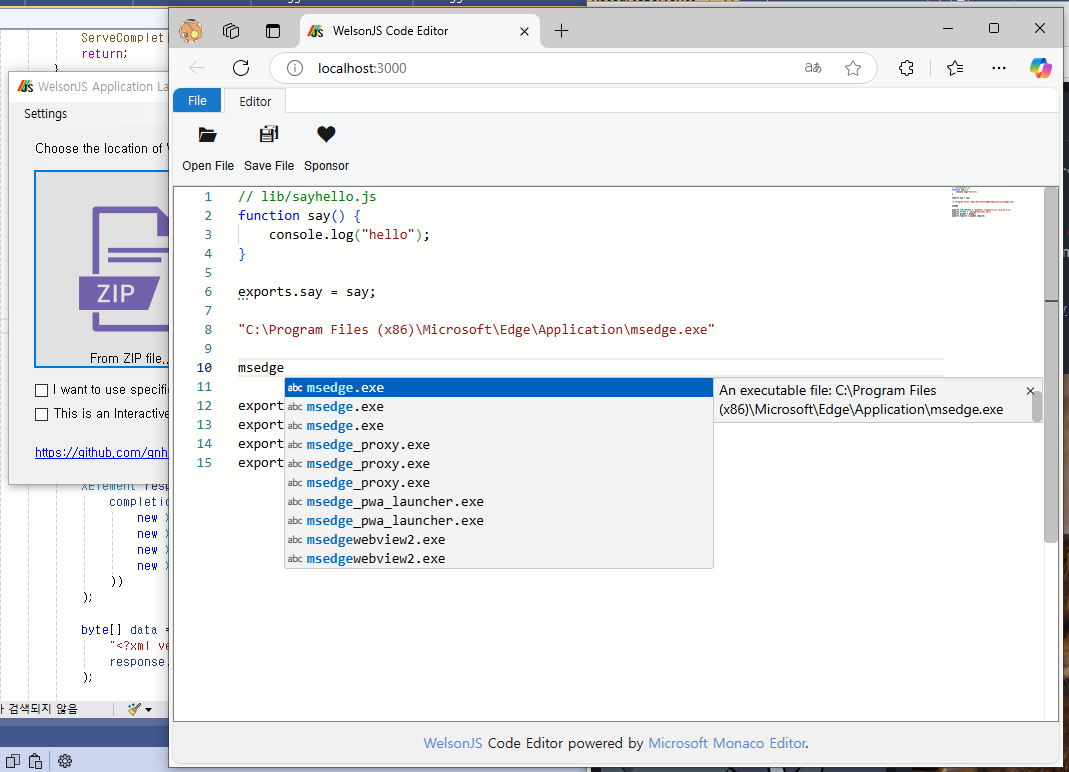 (Screenshot 7) Microsoft Monaco Editor on WelsonJS Launcher